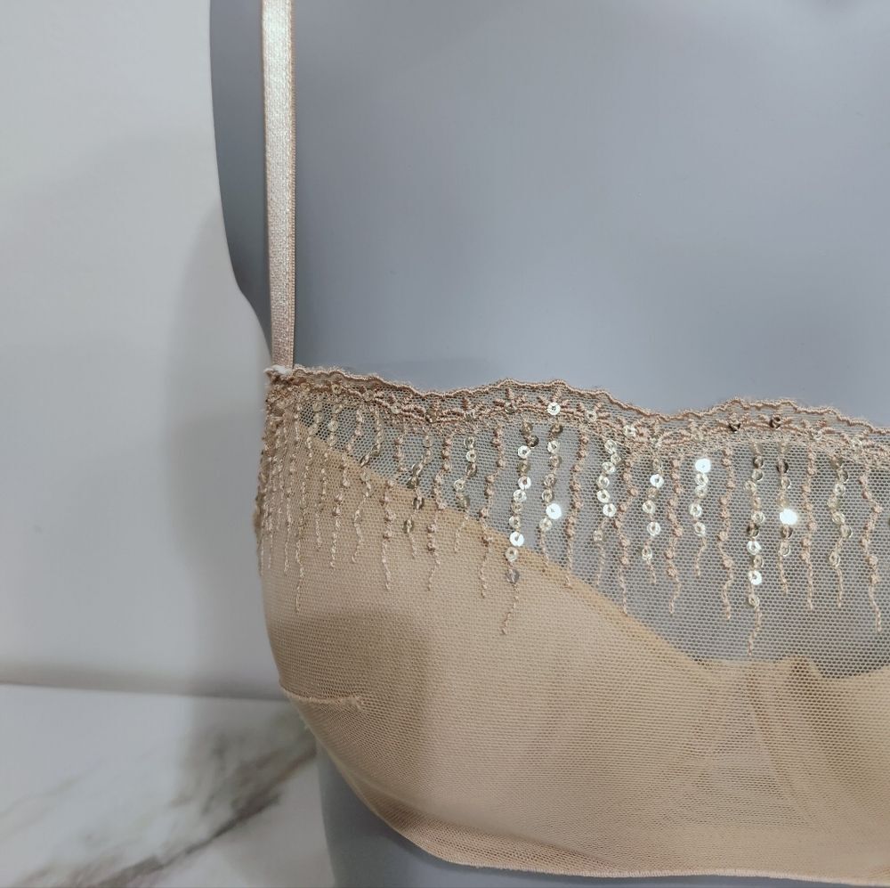 Soma 79984 Tan/Nude Lace Sequin Mesh Overlay Lightly Lined Bra,  32C - Picture 3 of 16